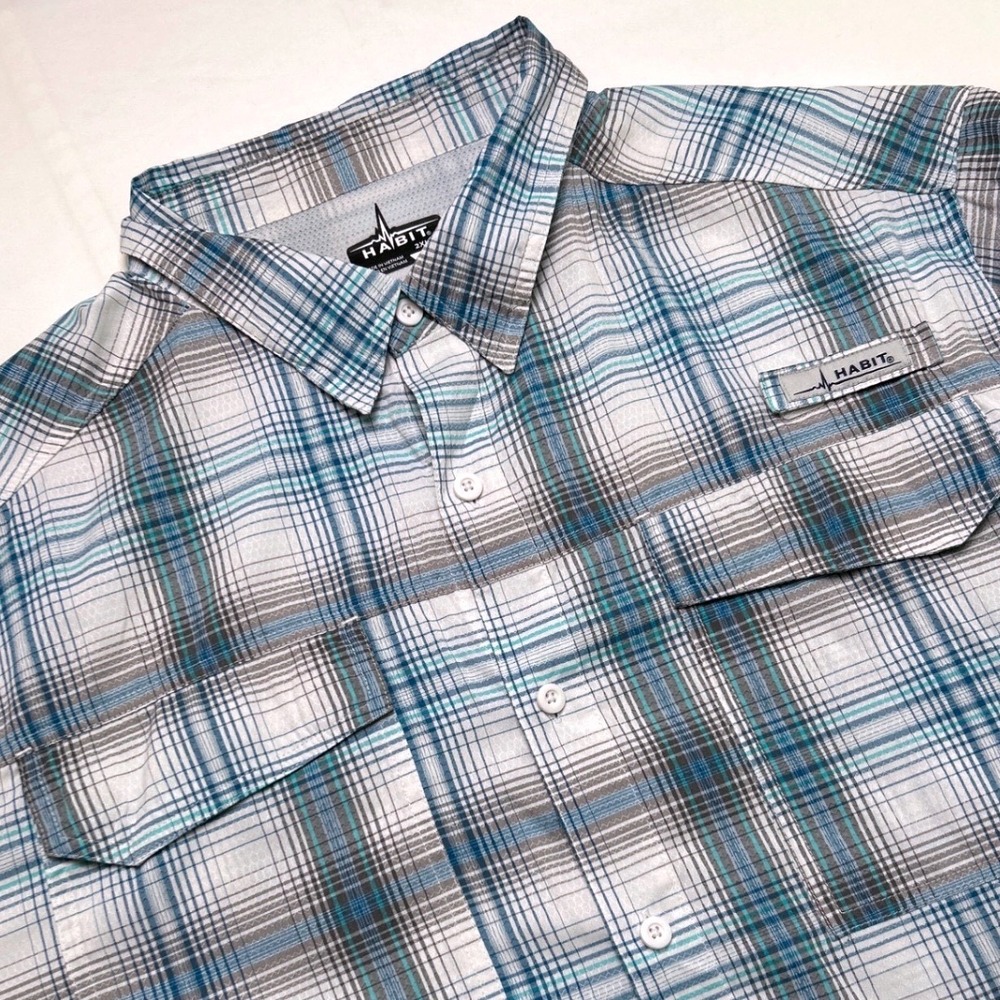 Habit Mens Plaid UPF 30+ Long Sleeve Fishing Shirt Size 2XL Blue Grey Outdoor